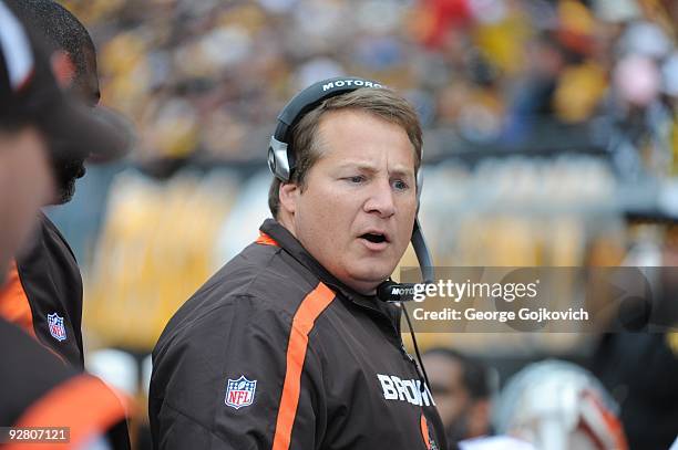 Head coach Eric Mangini of the Cleveland Browns looks on from the sideline during a game against the Pittsburgh Steelers at Heinz Field on October...