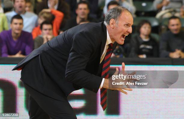 Dusko Ivanovic, head coach of Caja Laboral gestures during the Euroleague Basketball Regular Season 2009-2010 Game Day 3 between Union Olimpija...