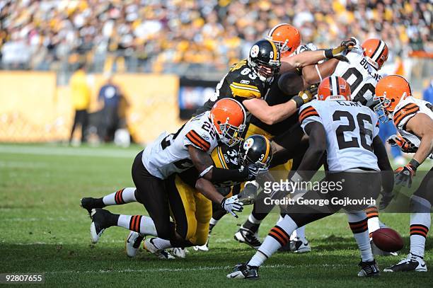 Running back Willie Parker of the Pittsburgh Steelers fumbles the football after he was hit by cornerback Brandon McDonald of the Cleveland Browns...