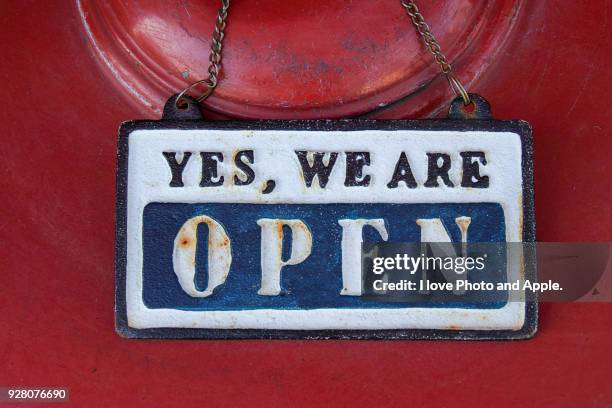 sign board, "yes, we are open" - fussa city stock pictures, royalty-free photos & images