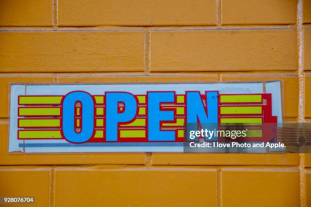 sign "open" - fussa city stock pictures, royalty-free photos & images