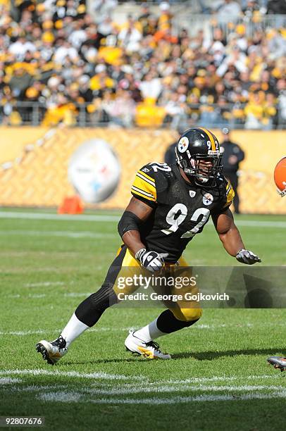 Linebacker James Harrison of the Pittsburgh Steelers pursues the play during a game against the Cleveland Browns at Heinz Field on October 18, 2009...