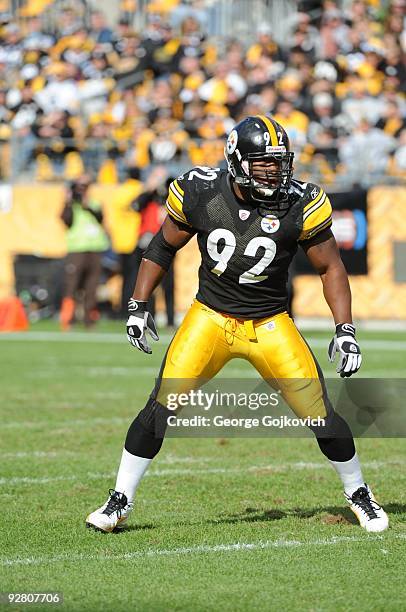 Linebacker James Harrison of the Pittsburgh Steelers pursues the play during a game against the Cleveland Browns at Heinz Field on October 18, 2009...