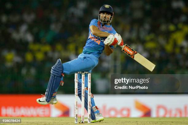 Indian cricketer Manish Pandey plays a shot during the 1st T20 cricket match of NIDAHAS Trophy between Sri Lanka and India at R Premadasa cricket...