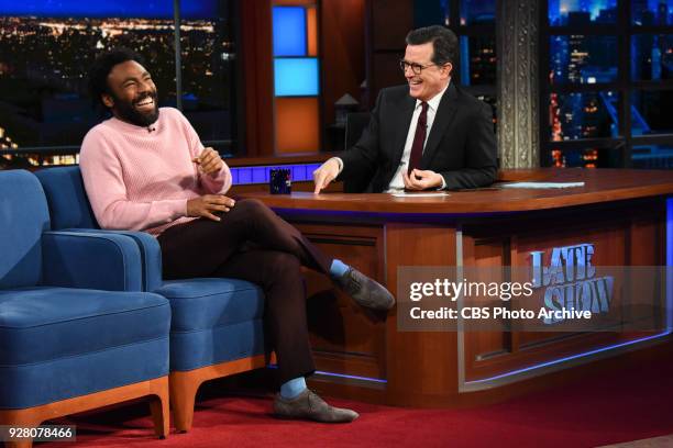 The Late Show with Stephen Colbert and guest Donald Glover during Wednesday's February 28, 2018 show.