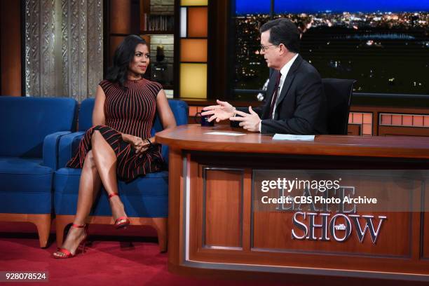 The Late Show with Stephen Colbert and guest Omarosa Manigault during Wednesday's February 28, 2018 show.