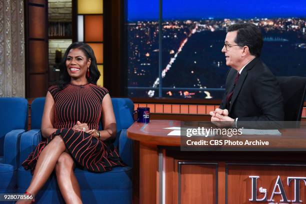 The Late Show with Stephen Colbert and guest Omarosa Manigault during Wednesday's February 28, 2018 show.