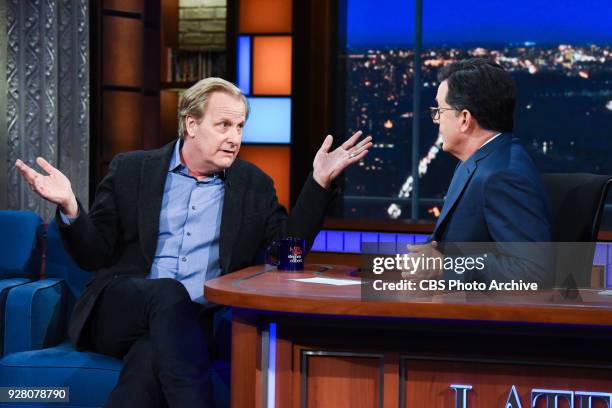 The Late Show with Stephen Colbert and guest Jeff Daniels during Thursday's March 1, 2018 show.