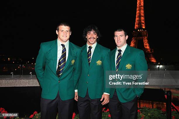 Brett Morris, Johnathan Thurston and Paul Gallen of the Australian Rugby League team pose as they attend media meeting at Australian embassy on...