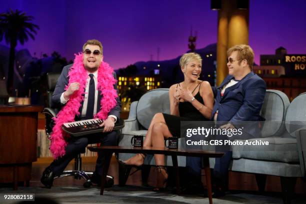 Sharon Stone and Elton John visit with James Corden during "The Late Late Show with James Corden," Wednesday, February 28, 2018 On The CBS Television...