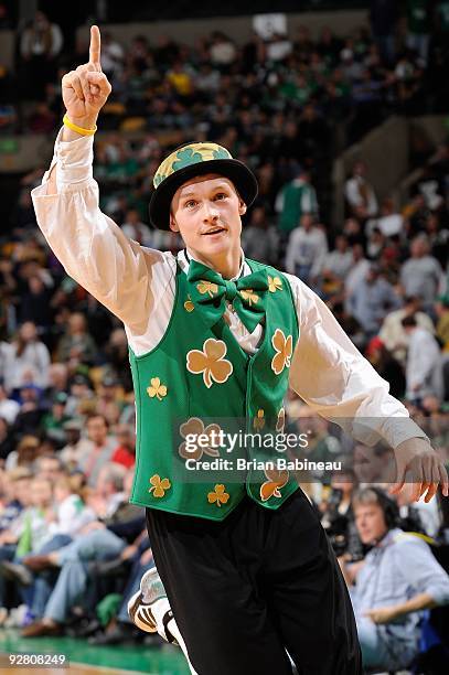 Lucky, the Boston Celtics mascot, performs during the game against the New Orleans Hornets on November 1, 2009 at TD Banknorth Garden in Boston,...