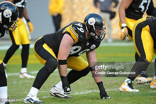 Defensive lineman Brett Keisel of the Pittsburgh Steelers looks on from the line of scrimmage during a game against the Cleveland Browns at Heinz...