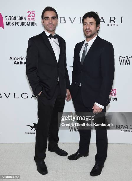 Anastasios Papapostolou and guest attend the 26th annual Elton John AIDS Foundation Academy Awards Viewing Party sponsored by Bulgari, celebrating...