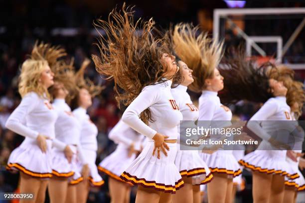 The USC Song Girls perform during a college basketball game between the UCLA Bruins and the USC Trojans on March 3 at the Galen Center in Los...