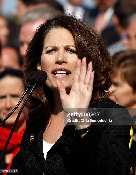 Rep. Michele Bachmann leads a news conference and rally on the West Front of the U.S. Capitol November 5, 2009 in Washington, DC. Thousands of...
