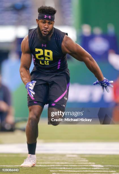 Clemson linebacker Dorian O'Daniel participates in a drill during the NFL Scouting Combine at Lucas Oil Stadium on March , 2018 in Indianapolis,...