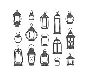 Set of 15 retro lanterns. Doodle illustration