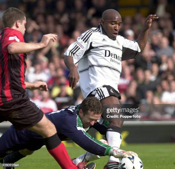 Barry Hayles of Fulham is foiled by Blackburn goalkeeper John Filan during the Nationwide Football League Division One match between Fulham and...