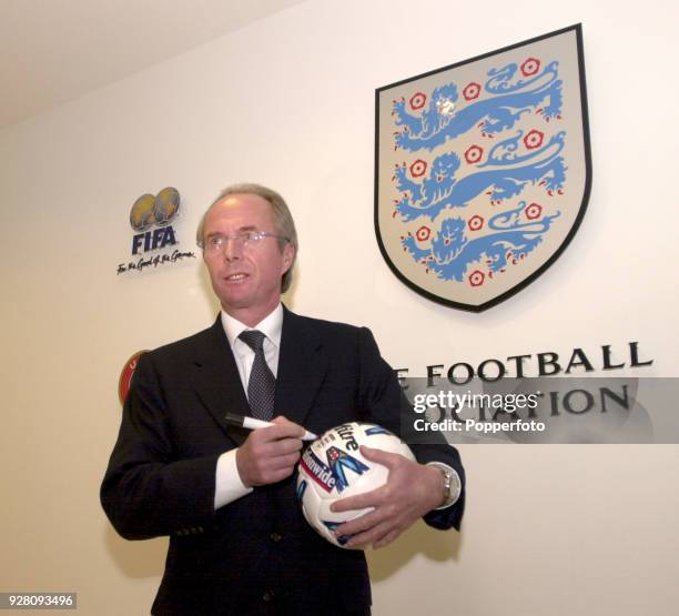 Newly appointed England coach Sven Goran Eriksson poses for the media during the Press Conference held to announce his early arrival at the FA...