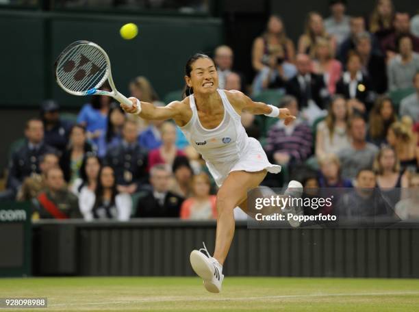 Kimiko Date-Krumm of Japan enroute to her straight sets defeat by Serena Williams of the USA during the third round of the Women's Singles...
