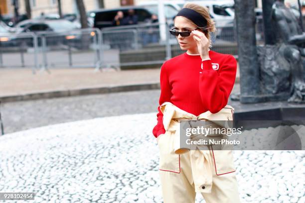 Elena Perminova attends the Miu Miu show as part of the Paris Fashion Week Womenswear Fall/Winter 2018/2019 on March 6, 2018 in Paris, France.