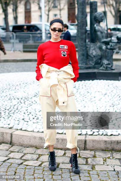 Elena Perminova attends the Miu Miu show as part of the Paris Fashion Week Womenswear Fall/Winter 2018/2019 on March 6, 2018 in Paris, France.