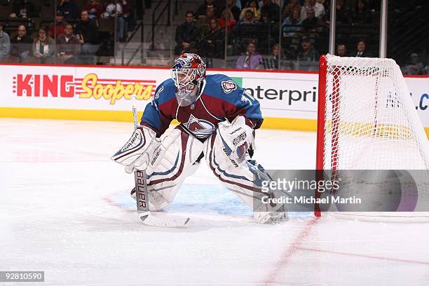 Goaltender Peter Budaj of the Colorado Avalanche watches the puck against the Phoenix Coyotes at the Pepsi Center on November 4, 2009 in Denver,...