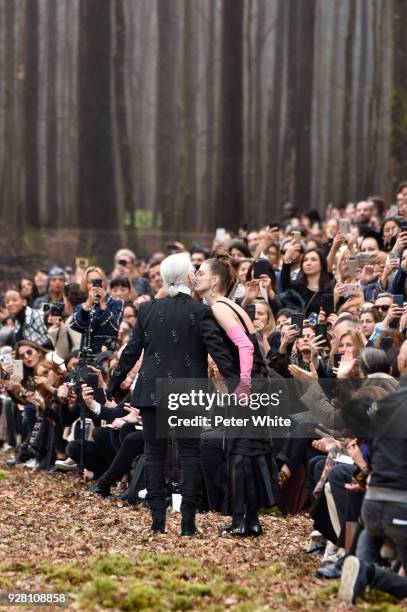 Fashion designer Karl Lagerfeld and Luna Bijl walk the runway after the Chanel show as part of the Paris Fashion Week Womenswear Fall/Winter...