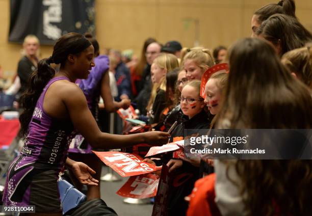 Sasha Corbin of Benecos Mavericks makes time for fans at the final whistle during the Vitality Superleague match between Team Northumbria and Benecos...