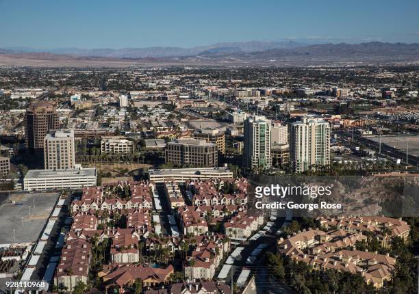 Apartments and condominiums are viewed looking east from the High Roller Observation Ferris wheel on March 2, 2018 in Las Vegas, Nevada. Millions of...