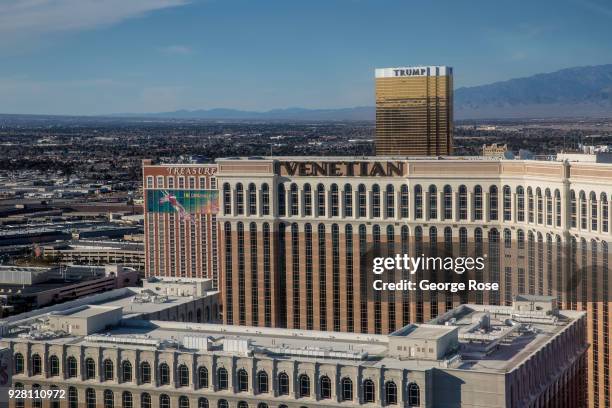 The Venetian Hotel & Casino is viewed looking north from the High Roller Observation Ferris wheel on March 2, 2018 in Las Vegas, Nevada. Millions of...
