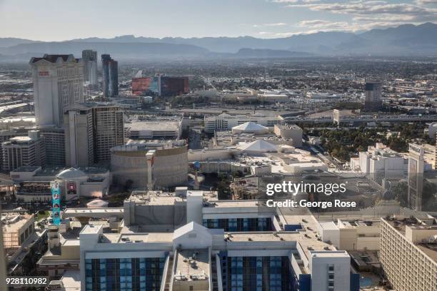 The Linq Hotel & Casino is viewed looking west from the High Roller Observation Ferris wheel on March 2, 2018 in Las Vegas, Nevada. Millions of...