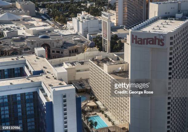 Harrah's Hotel & Casino is viewed from the High Roller Observation Ferris wheel on March 2, 2018 in Las Vegas, Nevada. Millions of visitors from all...