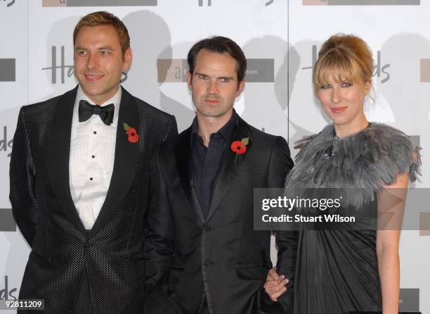 David Walliams, Jimmy Carr and Karoline Copping attend The Emerald Ball in aid of The Elton John AIDS Foundation at Harrods on November 5, 2009 in...