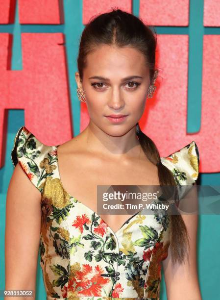 Alicia Vikander attends the "Tomb Raider" European premiere at the Vue West End on March 6, 2018 in London, England.