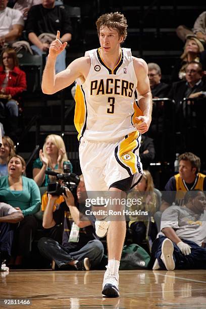 Troy Murphy of the Indiana Pacers celebrates a play against the Miami Heat during the game on October 30, 2009 at Conseco Fieldhouse in Indianapolis,...