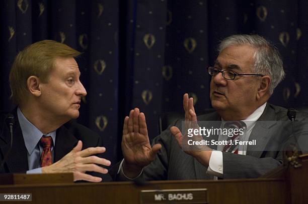 Ranking member Spencer Bachus, R-Ala., and Chairman Barney Frank, D-Mass., have a heated discussions, microphones off, during the House Financial...