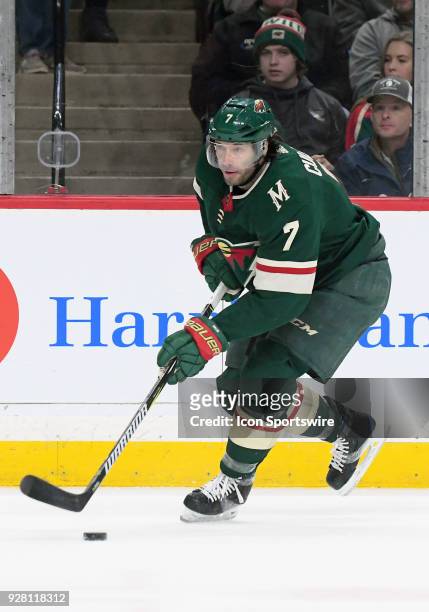 Minnesota Wild Center Matt Cullen skates with the puck during a NHL game between the Minnesota Wild and Detroit Red Wings on March 4, 2018 at Xcel...