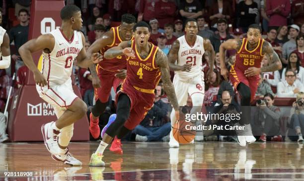 Iowa State Cyclones guard Donovan Jackson brings the ball up court against Oklahoma during the first half of a NCAA college basketball game at the...