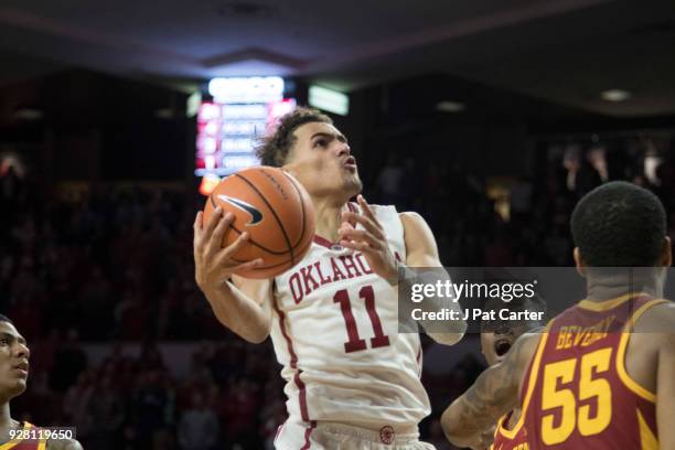 Oklahoma Sooners guard Trae Young shoots against Iowa State during the second half of a NCAA college basketball game at the Lloyd Noble Center on...