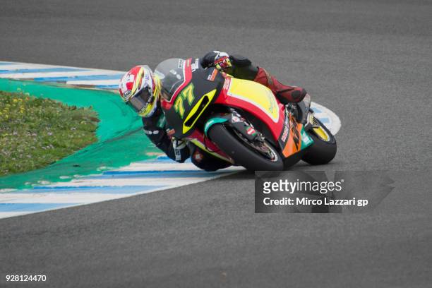 Dominique Aegerter of Swiss and Kiefer Racing rounds the bend during the Moto2 & Moto3 Tests In Jerez at Circuito de Jerez on March 6, 2018 in Jerez...