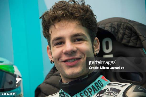 Lorenzo Dalla Porta of Italy and Leopard Racing smiles in box during the Moto2 & Moto3 Tests In Jerez at Circuito de Jerez on March 6, 2018 in Jerez...