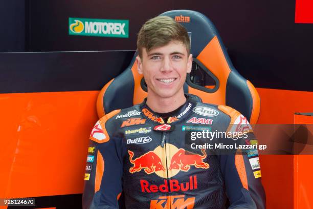 Brad Binder of South Africa and Red Bull KTM Ajo smiles in box during the Moto2 & Moto3 Tests In Jerez at Circuito de Jerez on March 6, 2018 in Jerez...