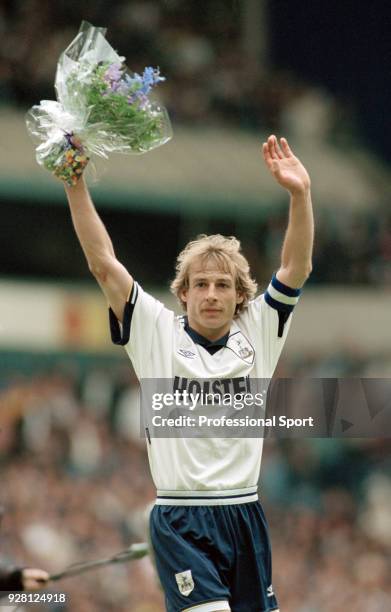Jurgen Klinsmann of Tottenham Hotspur waves farewell to the fans after the FA Carling Premiership match between Tottenham Hotspur and Leeds United at...