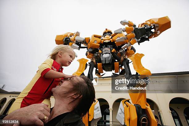Transformers robot Bumblebee, which stands at 5 metres tall and weighs 3 tonnes, is seen at Bondi Beach to launch the DVD of "Transformers: Revenge...