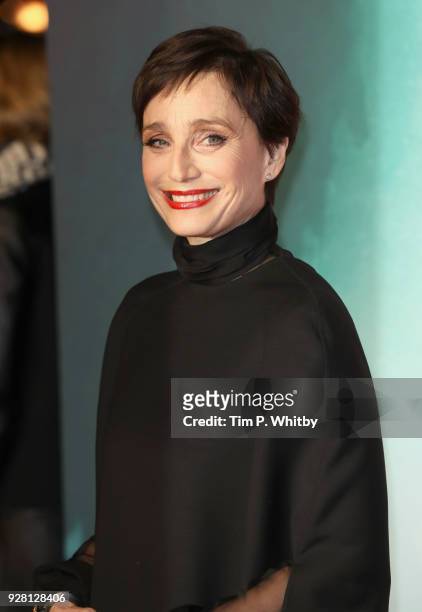Kristin Scott Thomas attends the "Tomb Raider" European premiere at the Vue West End on March 6, 2018 in London, England.