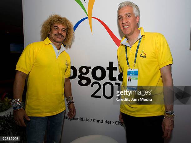 Carlos Vaderrama and Alcade Samuel Moreno pose at the stand of Colombia during the XLVII Pan American Sports Organization General Assembly at the...