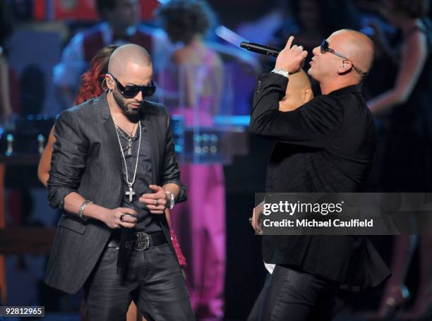 Musicians Llandel Veguilla Malavé Salazar and Juan Luis Morera Luna of Wisin y Yandel onstage at the 10th Annual Latin GRAMMY Awards held at the...