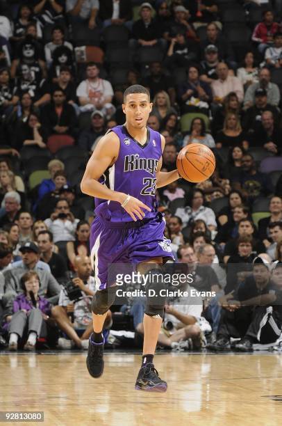 Kevin Martin of the Sacramento Kings moves the ball against the San Antonio Spurs during the game on October 31, 2009 at the AT&T Center in San...