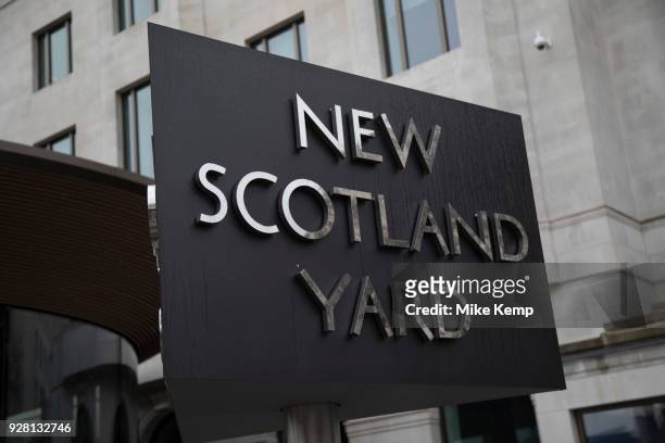 The Metropolitan Police's revolving sign their new headquarters at New Scotland Yard in Westminster, London. Scotland Yard is a metonym for the...